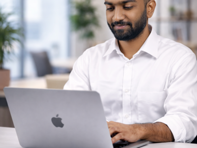 Farid - sitting on desk with Mac
